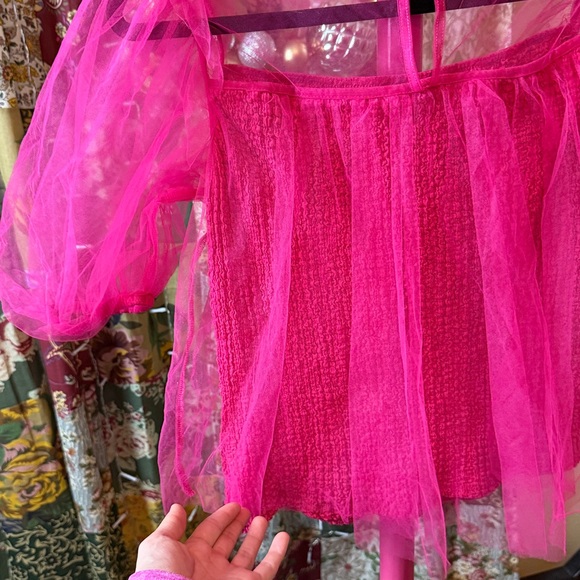 Anthropologie Pink Sheer Puff Sleeve Top - Picture 9 of 10